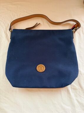 Tommy Hilfiger Navy Canvas Shoulder Bag with Tan Trim